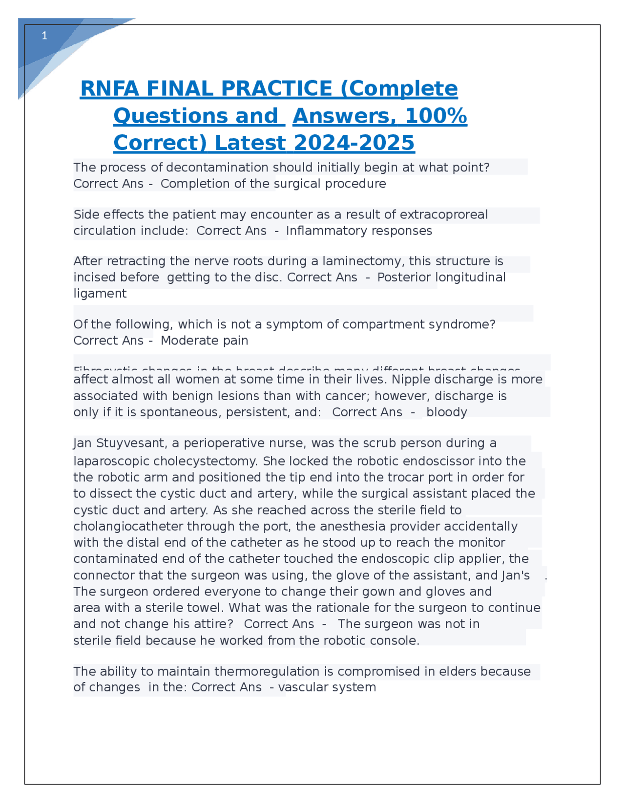 RNFA FINAL PRACTICE (Complete Questions and Answers, 100% Correct ...