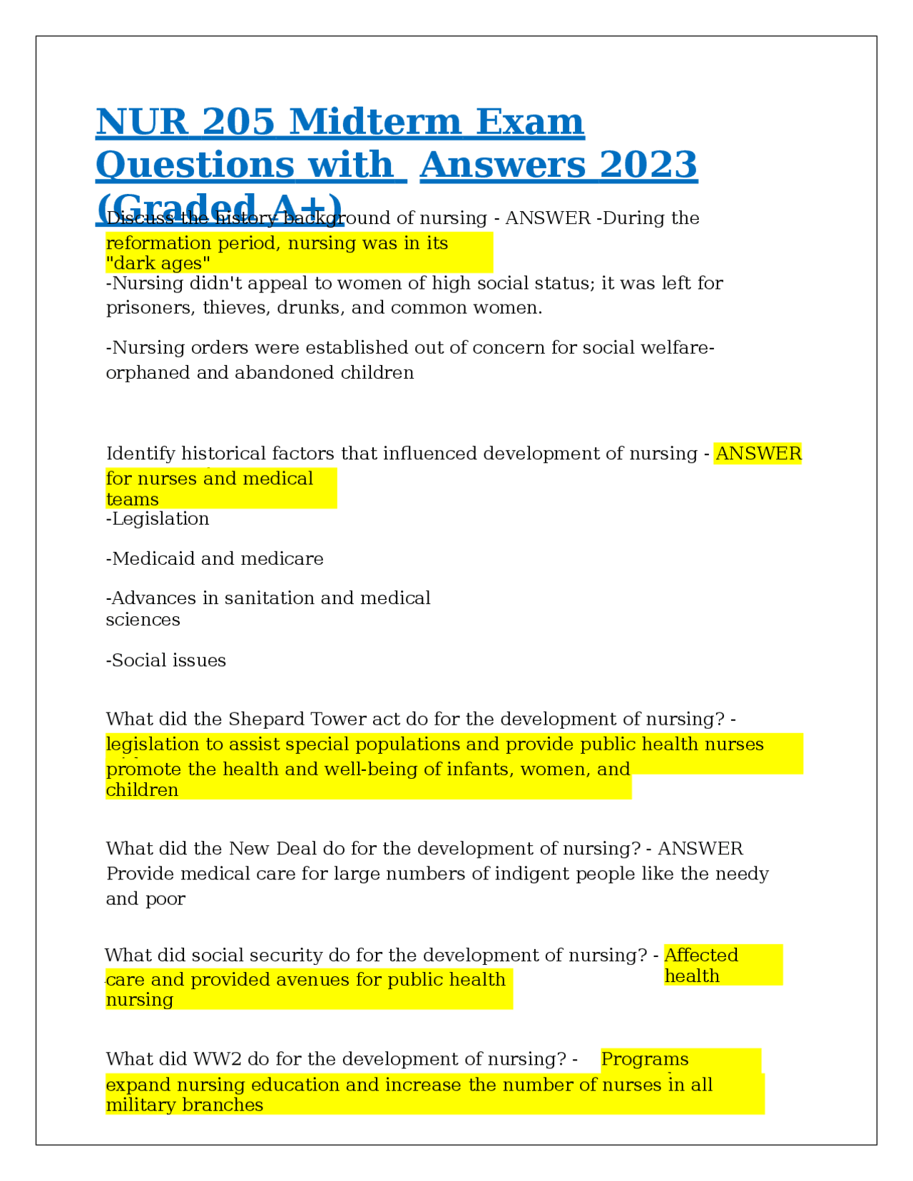 NUR 205 Midterm Exam Questions with Answers 2023 (Graded A+) | Exams ...