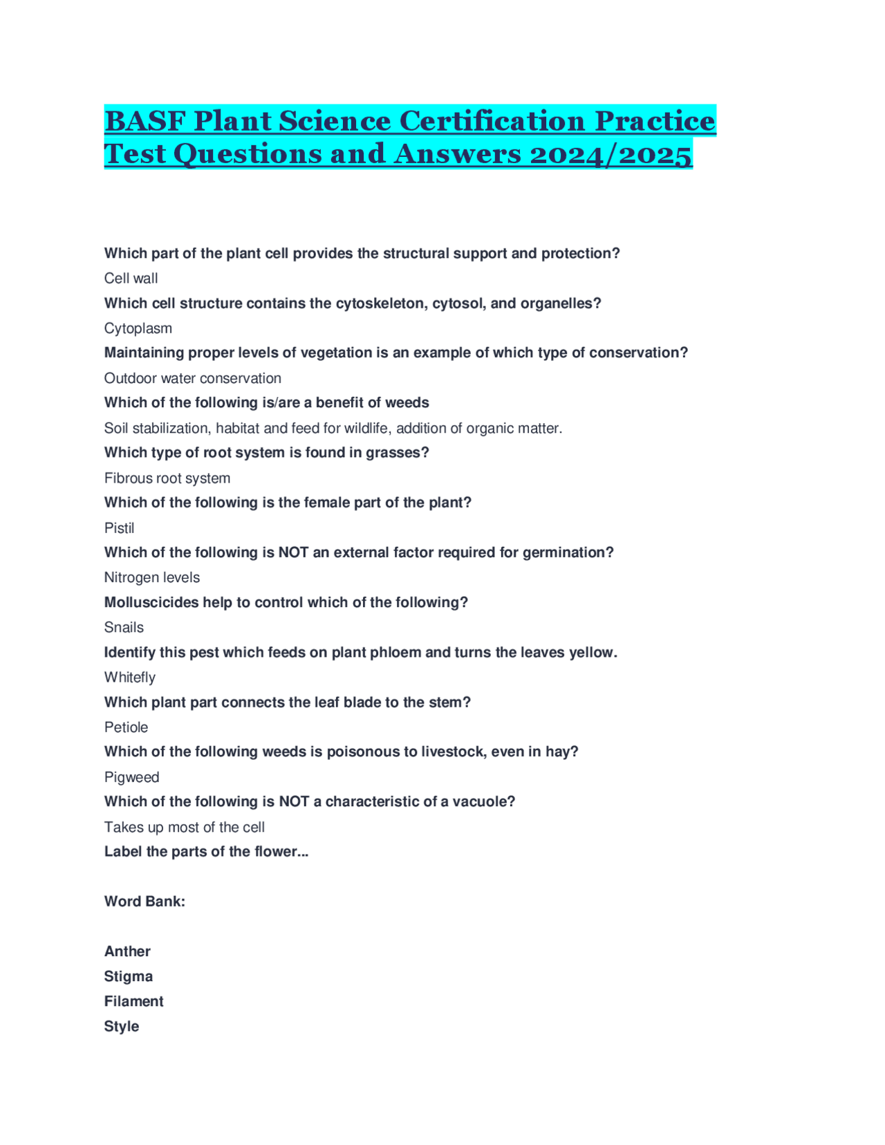 BASF Plant Science Certification Practice Test Questions and Answers  2024/2025 | Exams Biology | Docsity
