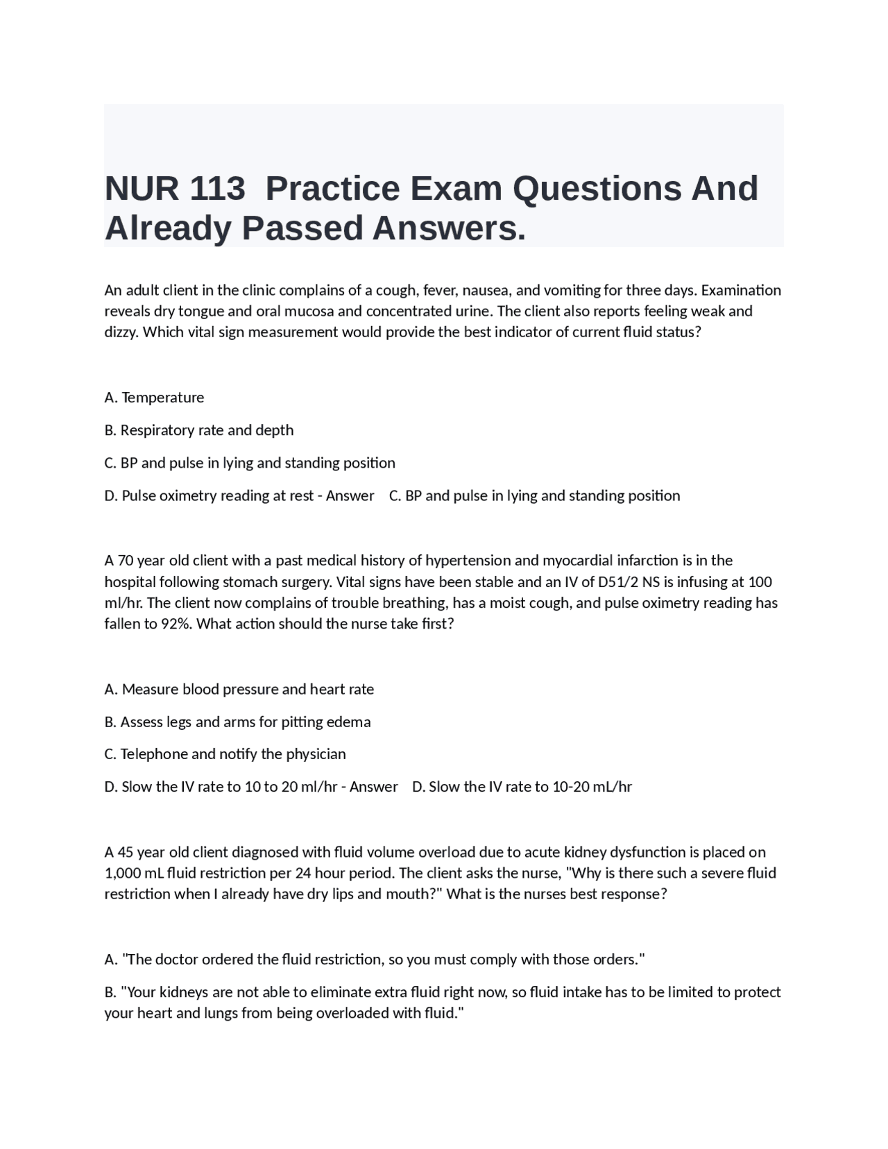 Nursing Exam Questions and Answers on Fluid and Electrolyte Imbalances ...