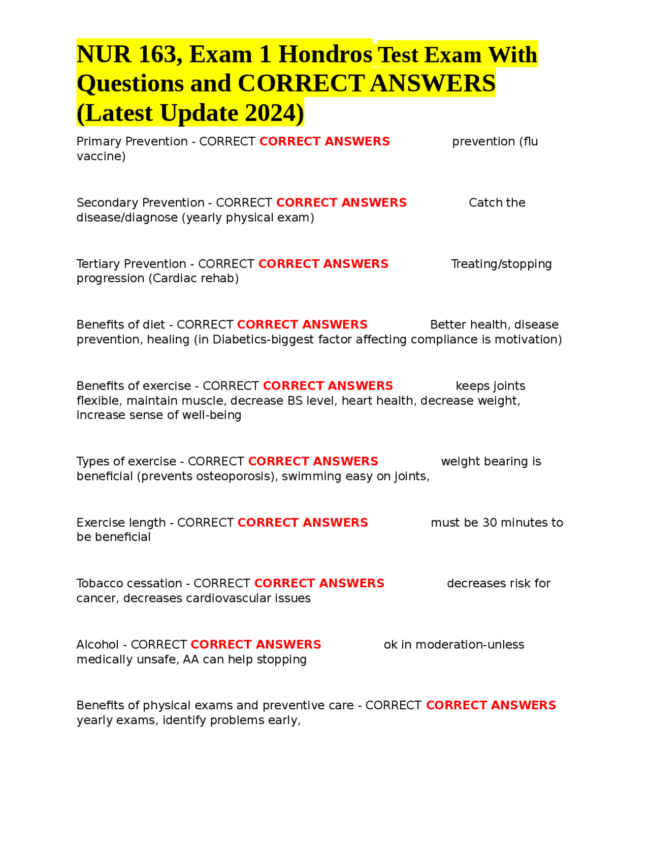 NUR 163, Exam 1 Hondros Test Exam With Questions and CORRECT ANSWERS ...