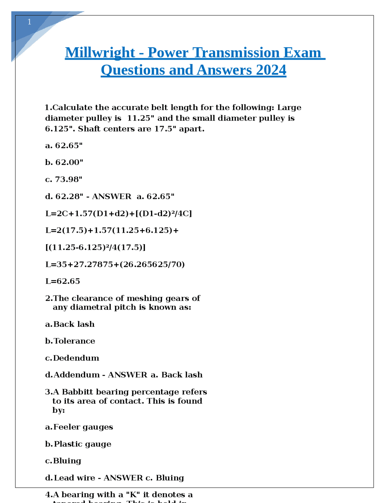 Millwright - Power Transmission Exam Questions and Answers 2024 | Exams ...