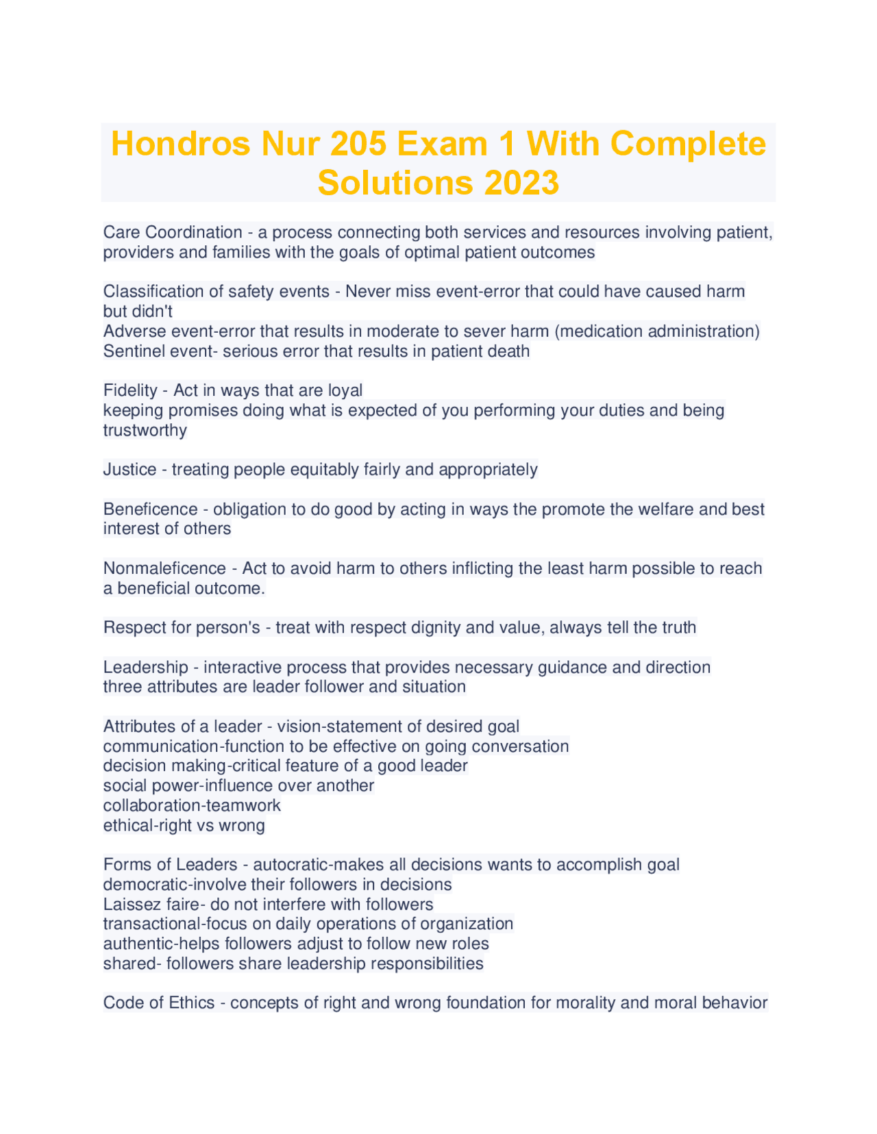 Hondros Nur 205 Exam 1 With Complete Solutions 2023 | Exams Nursing ...