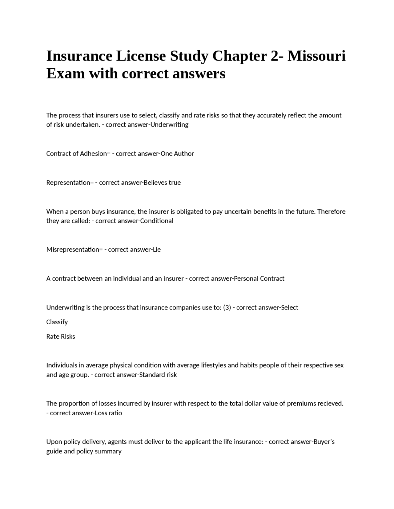 Insurance License Study Chapter 2- Missouri | Exams Insurance law | Docsity
