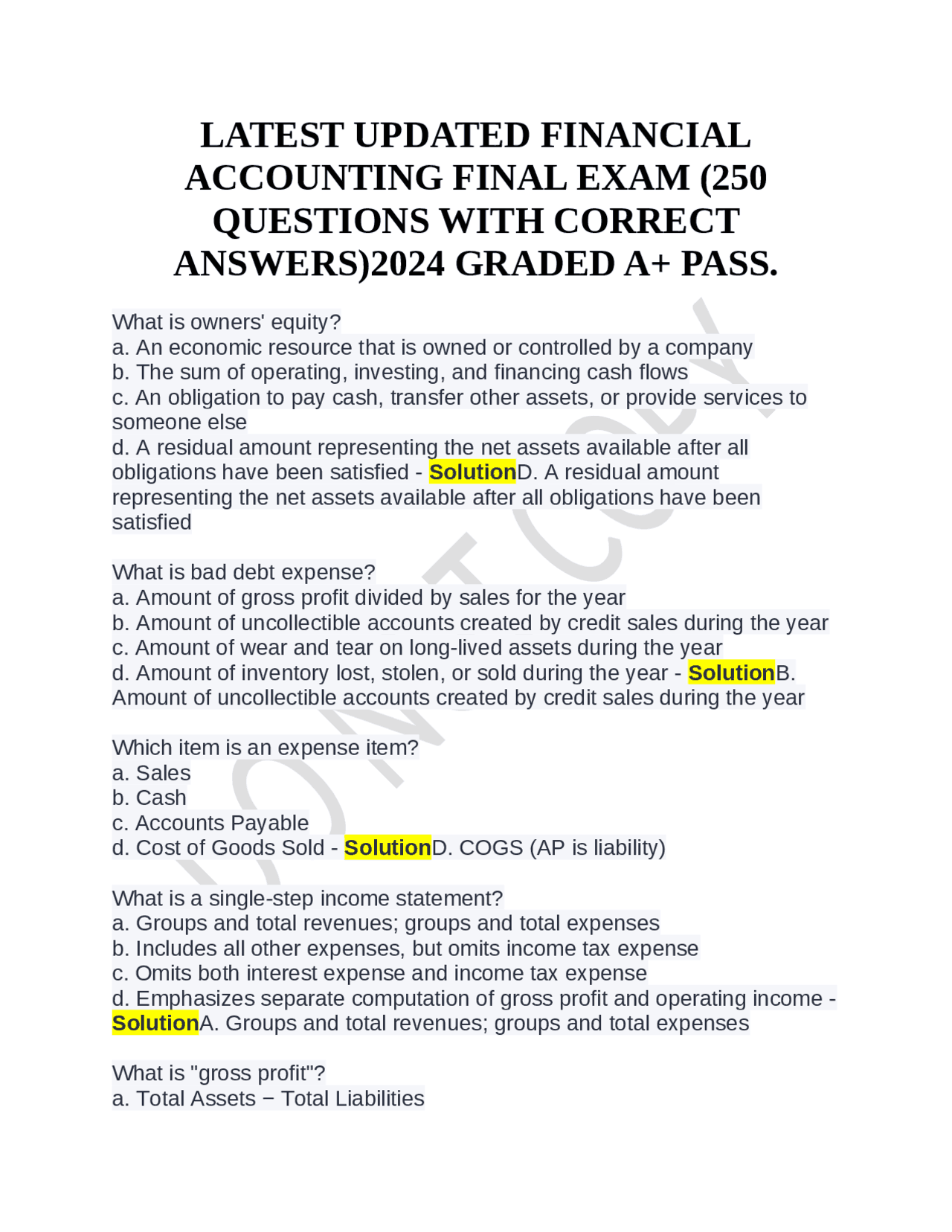 LATEST UPDATED FINANCIAL ACCOUNTING FINAL EXAM (250 QUESTIONS WITH ...
