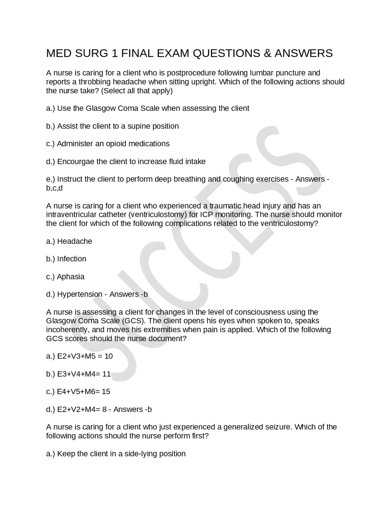 MED SURG 1 FINAL EXAM QUESTIONS & ANSWERS | Exams Nursing | Docsity