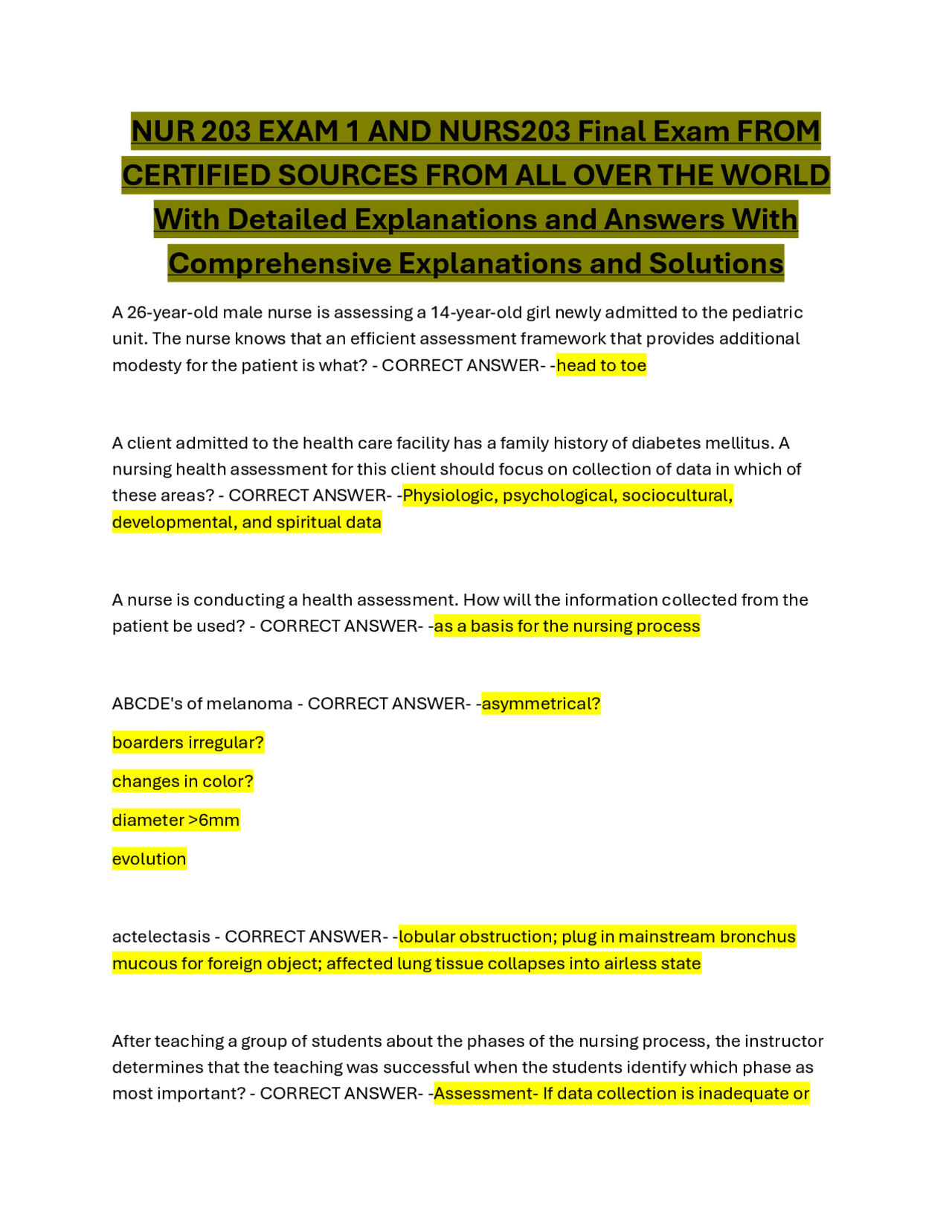 NUR 203 EXAM 1 AND NURS203 Final Exam FROM CERTIFIED SOURCES FROM ALL ...