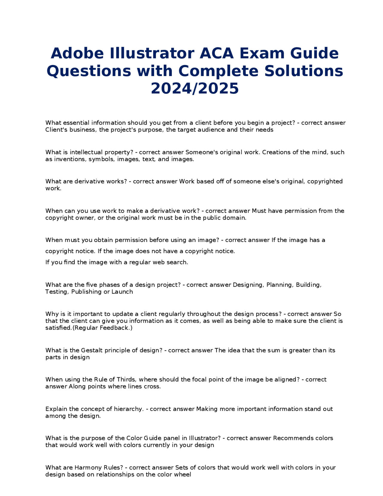 Adobe Illustrator ACA Exam Guide Questions with Complete Solutions 2024 ...