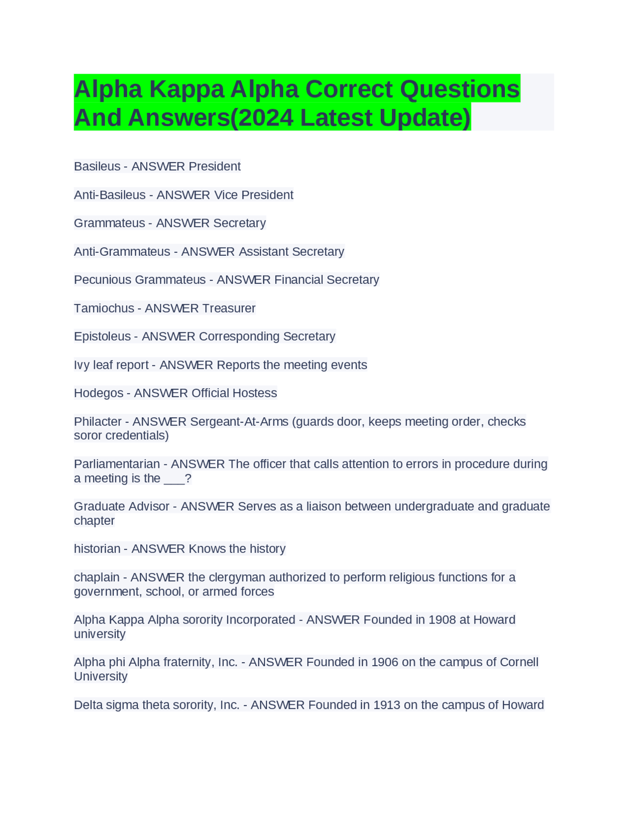 Alpha Kappa Alpha Correct Questions And Answers(2024 Latest Update ...