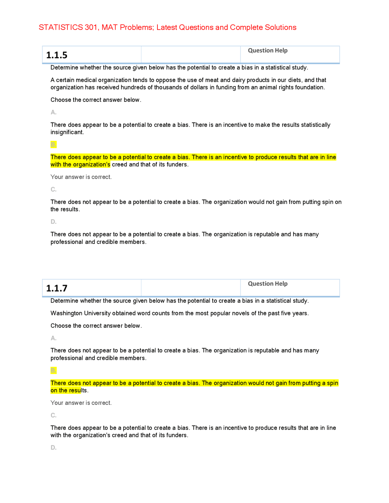 STATISTICS 301, MAT Problems; Latest Questions and Complete Solutions ...