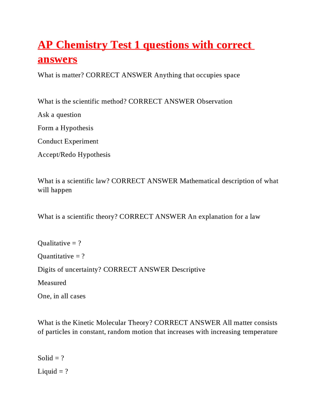 AP Chemistry Test 1 Questions and Answers | Exams Chemistry | Docsity