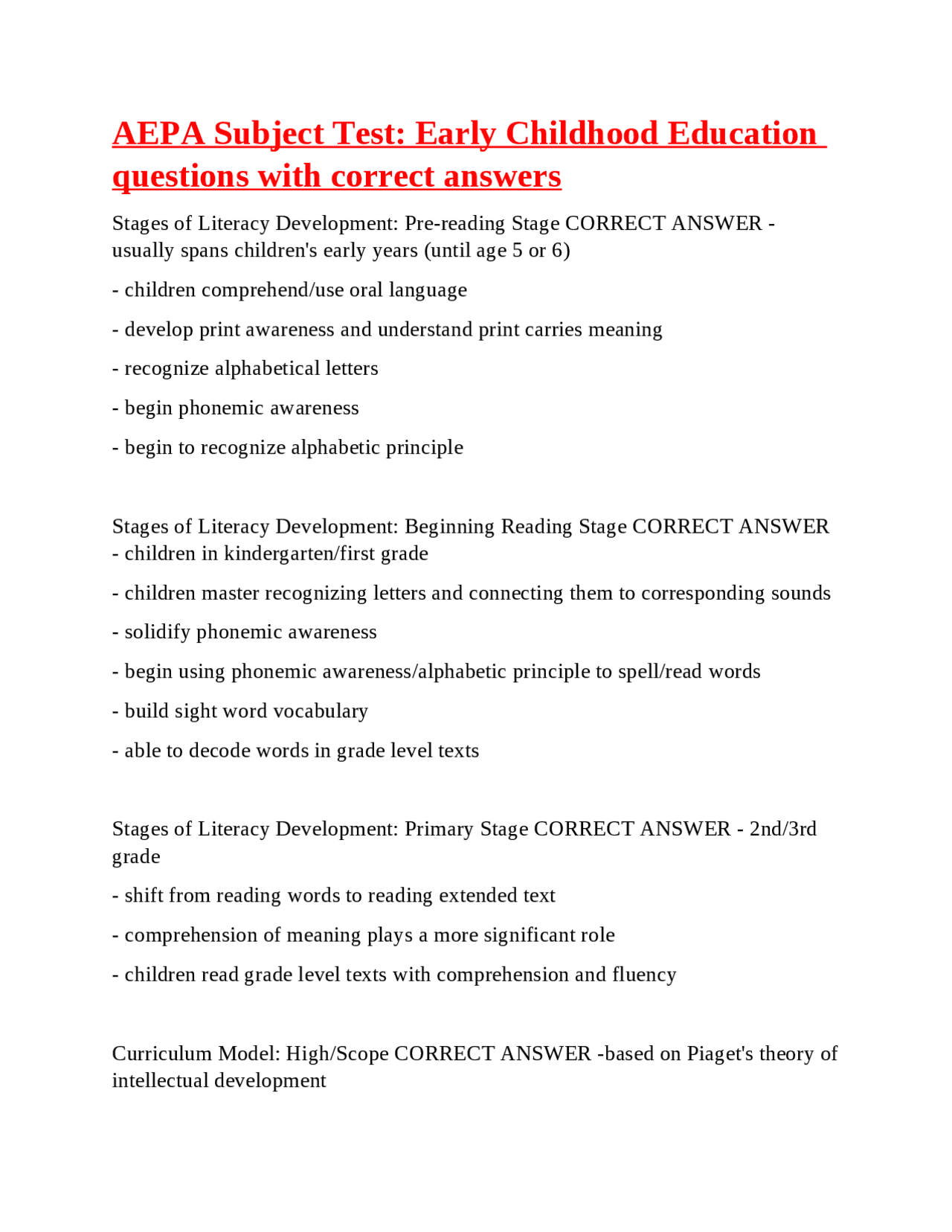 AEPA Subject Test: Early Childhood Education questions with correct ...