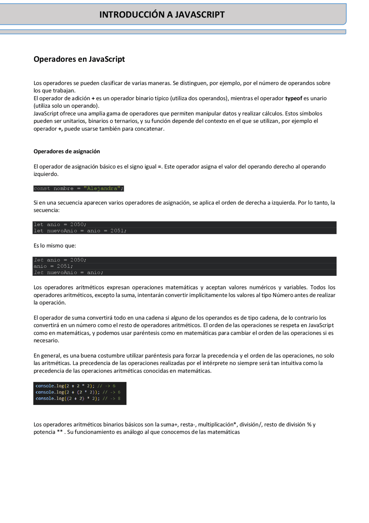 Introducción a JavaScript: Operadores y Tipos de Datos - Prof. Sosa ...