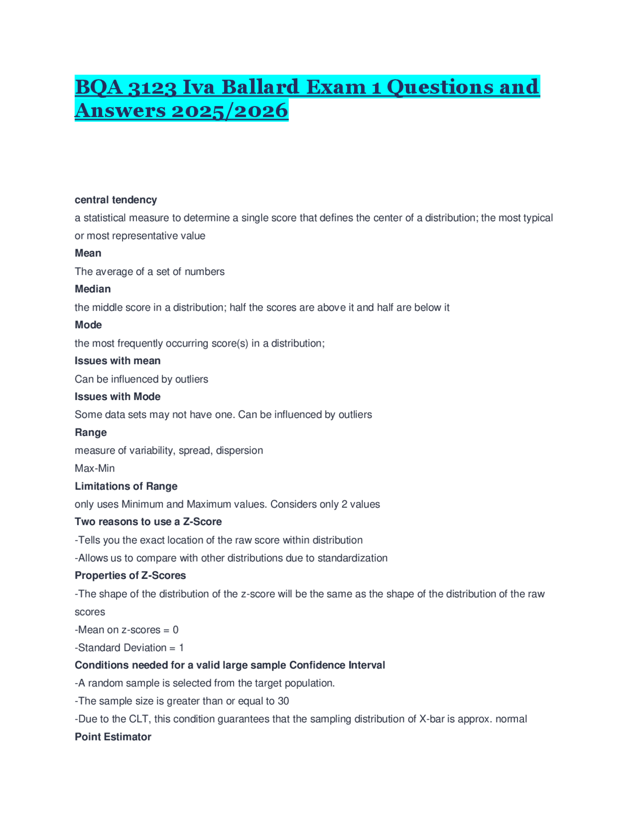 BQA 3123 Iva Ballard Exam 1 Questions and Answers 2025/2026 | Exams ...