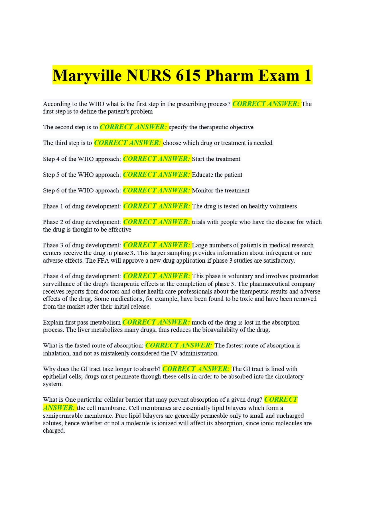 Maryville NURS 615 Pharm Exam 1 | Exams Pharmacology | Docsity
