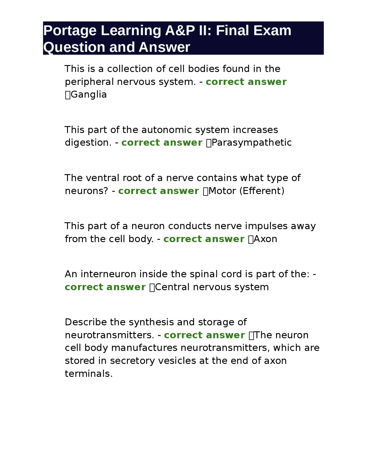 Portage Learning A&P II: Final Exam Questions and Answers | Exams ...