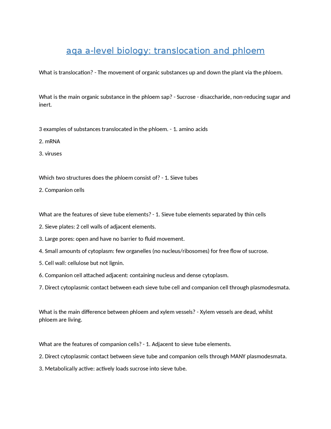 Translocation and Phloem in AQA A-Level Biology | Exams Advanced ...