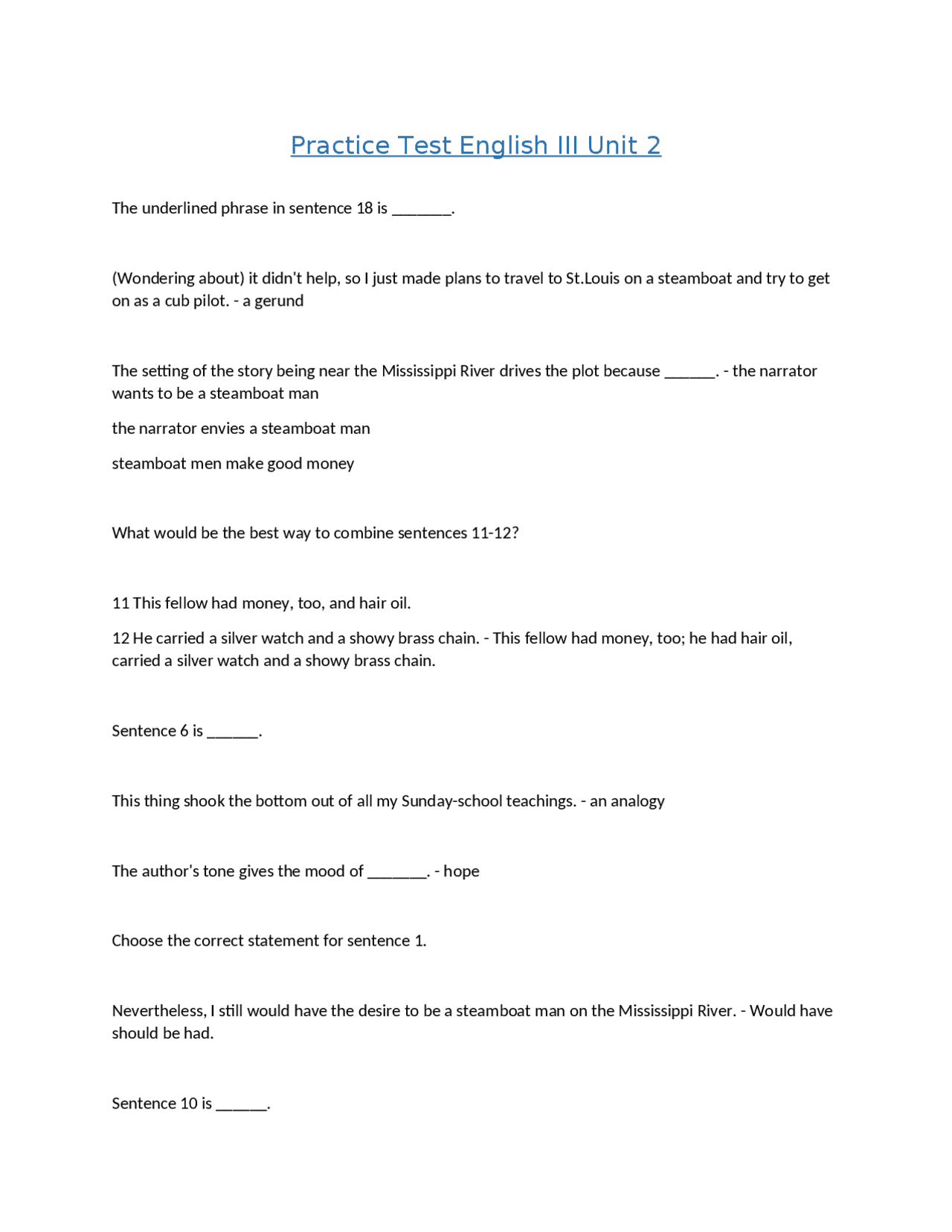 Practice Test English III Unit 2 | Exams Advanced Education | Docsity
