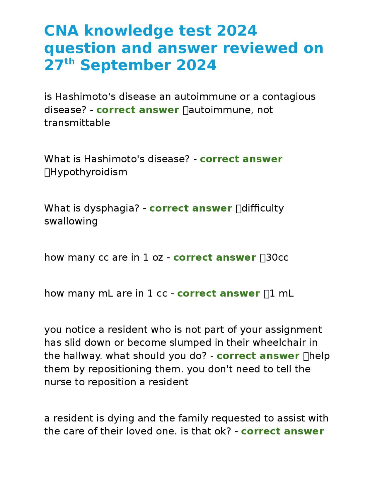 CNA knowledge test 2024 question and answer reviewed on 27th September ...