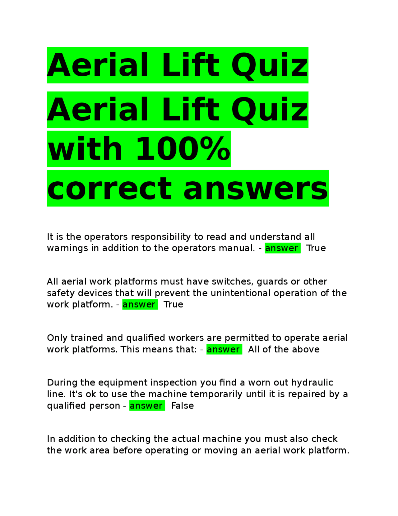 Aerial Lift Quiz with 100 correct answers. Exams Biology Docsity