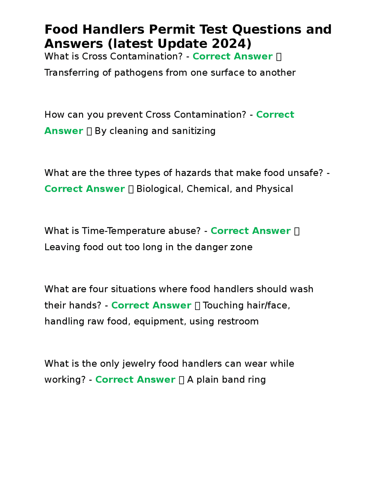 Food Handlers Permit Test Questions and Answers (latest Update 2024