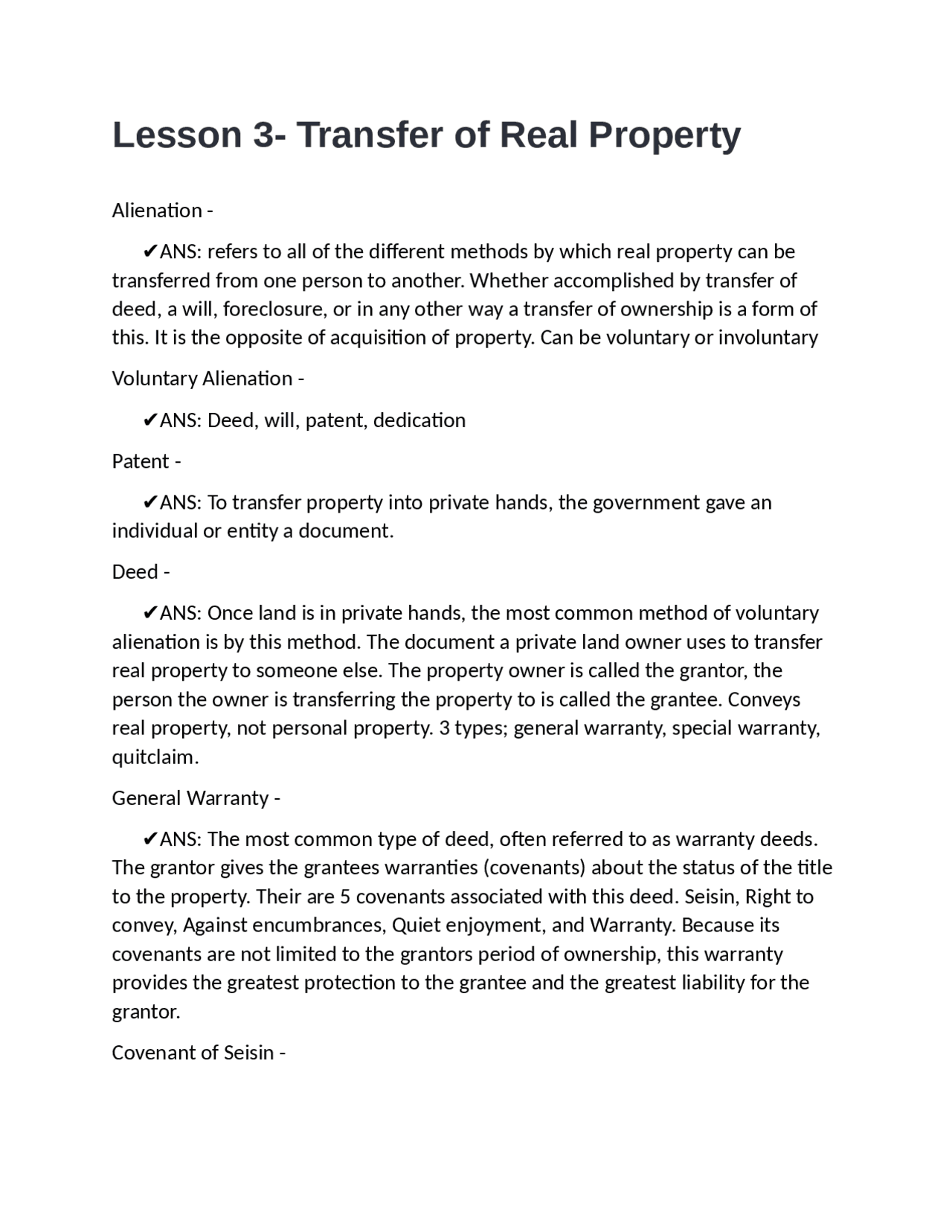 Transfer of Real Property | Exams Real Estate Management | Docsity