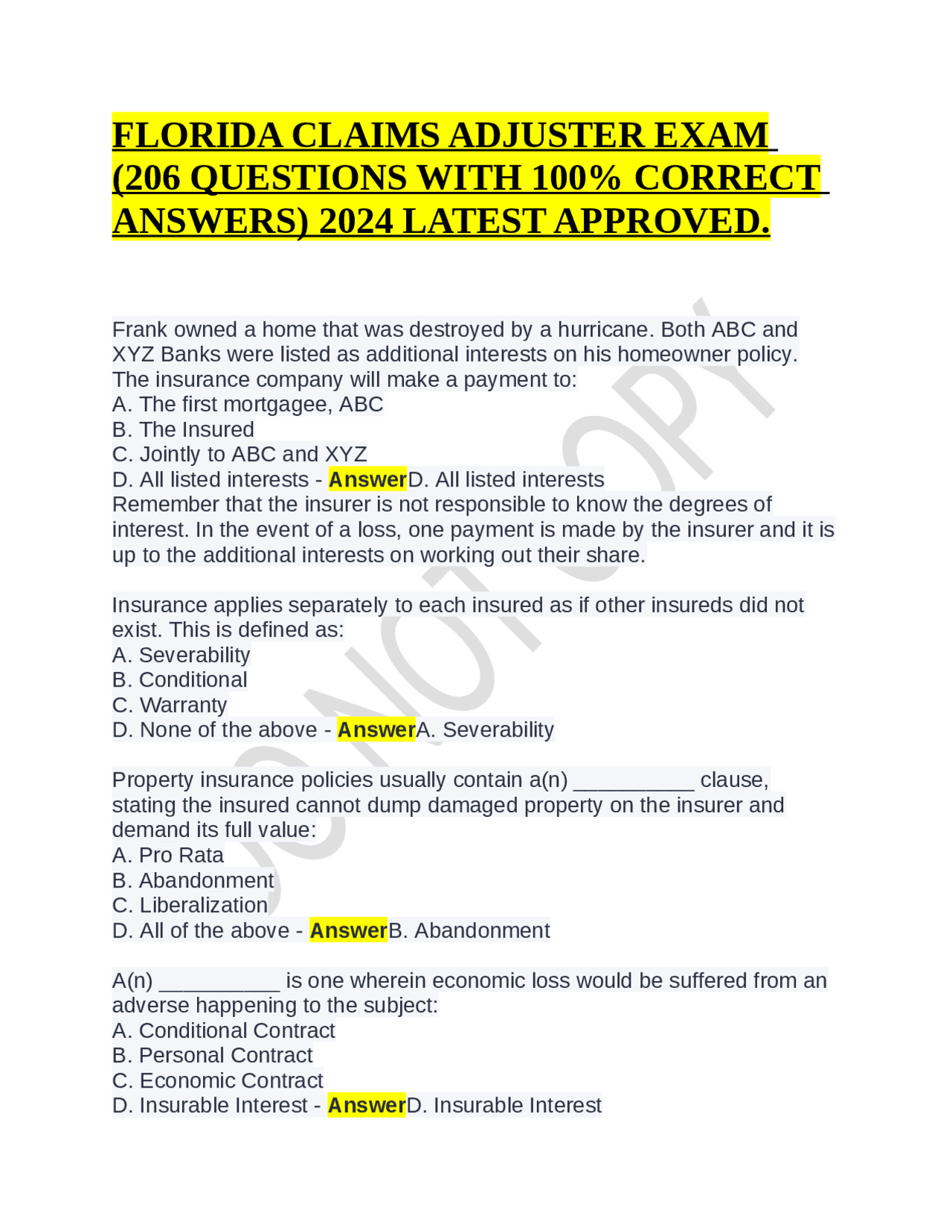 Florida Claims Adjuster Exam 206 Questions With 100 Correct Answers