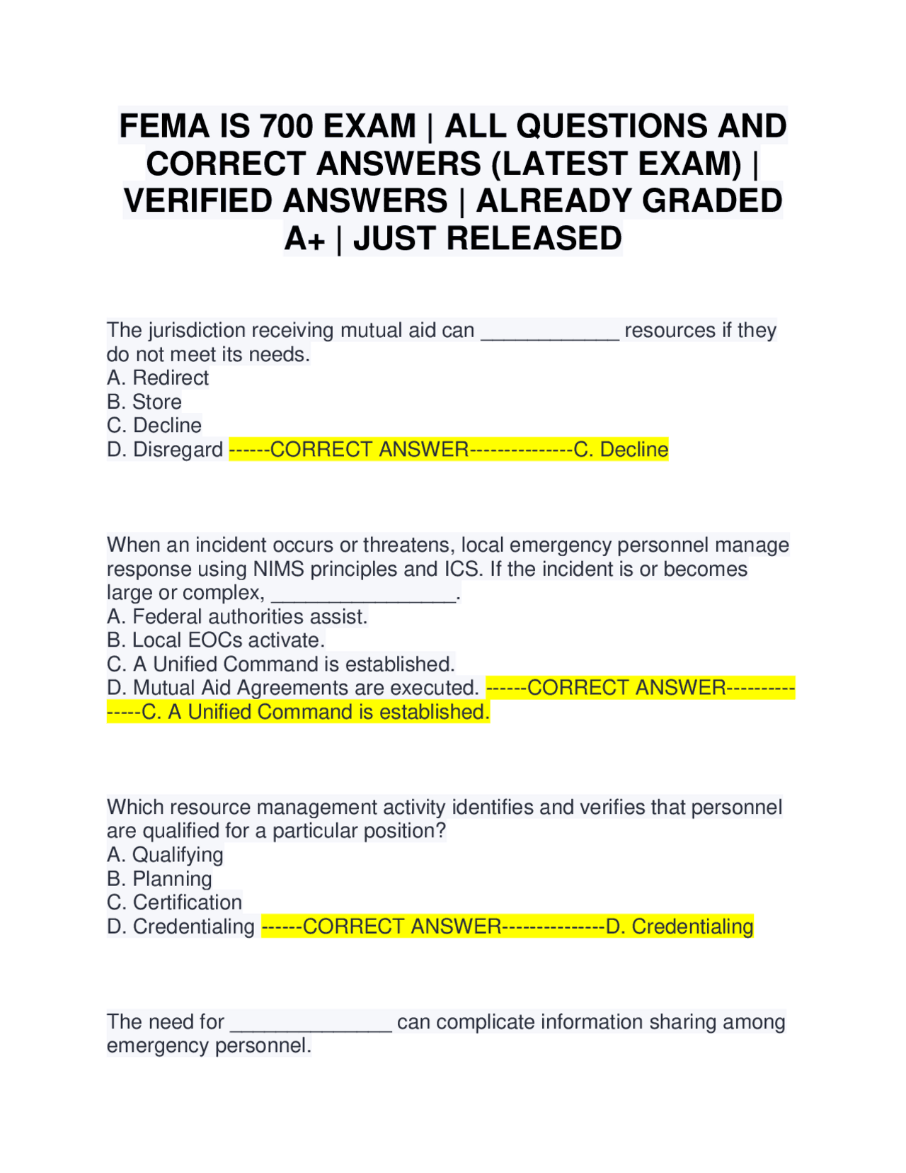Ics 700 Answers.pdf FEMA IS 700 EXAM | ALL QUESTIONS AND CORRECT ANSWERS (LATEST EXAM ...