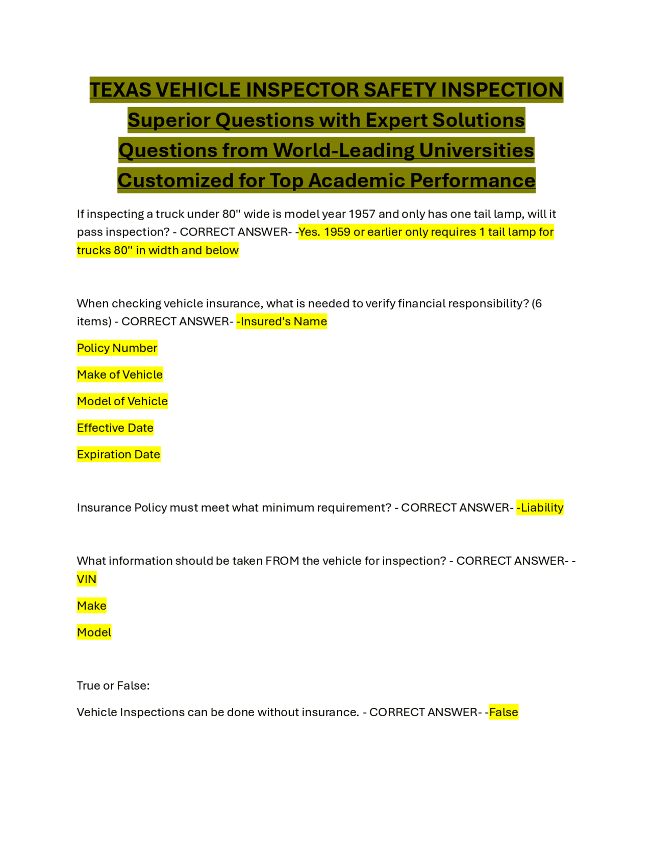 Vehicle Inspection Requirements | Exams Motor Vehicle Design | Docsity