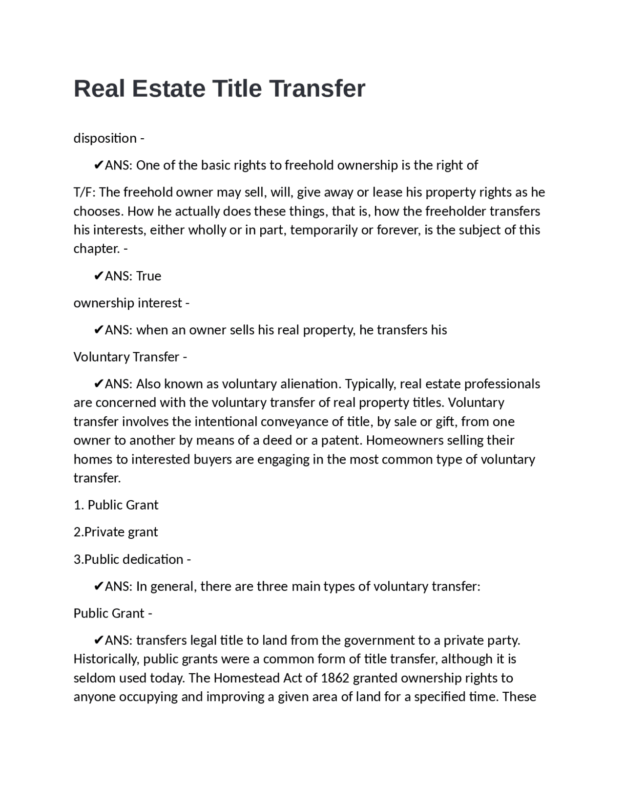 Real Property Title Transfers | Exams Real Estate Management | Docsity