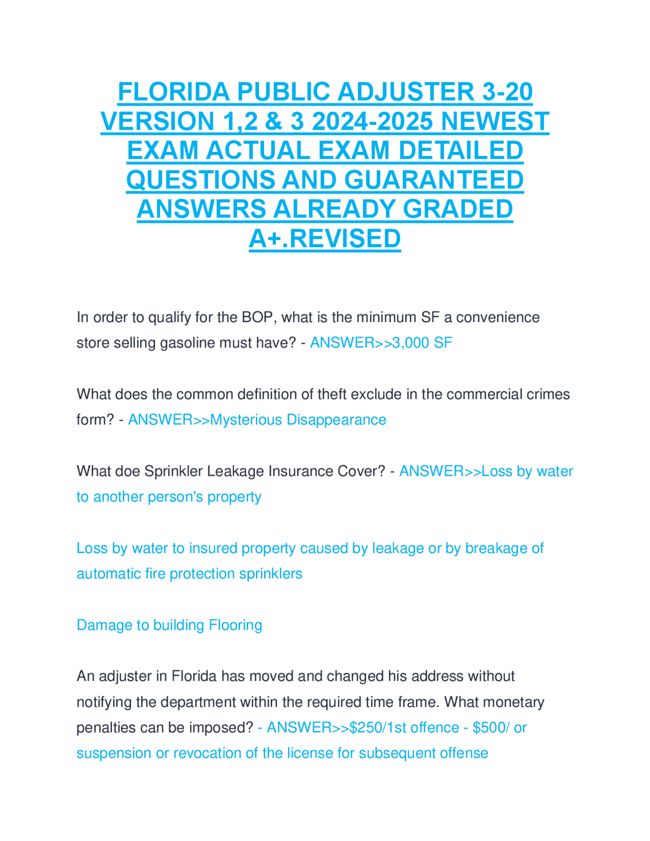 Florida Public Adjuster 3 20 Version 1 2 3 2024 2025 Newest Exam