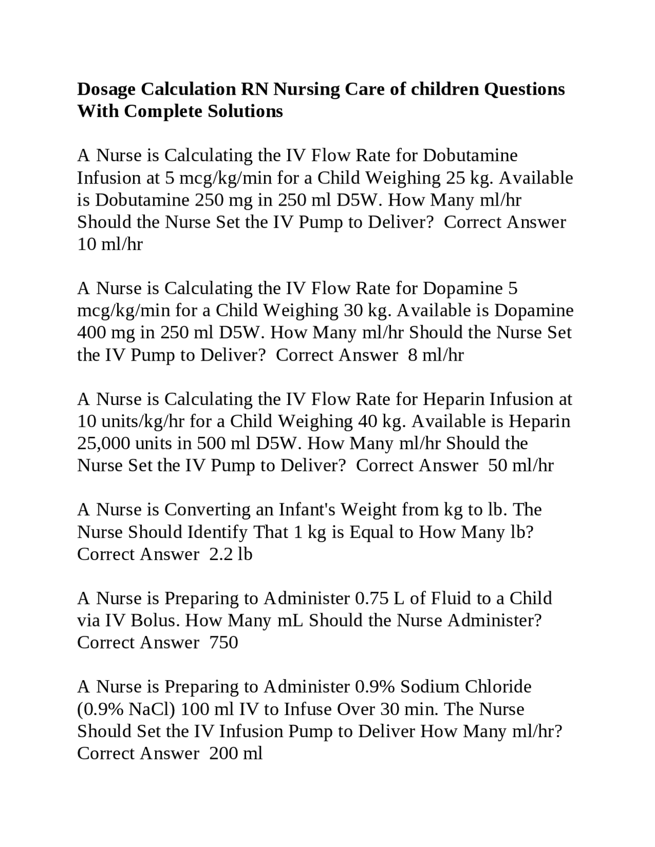 Dosage Calculation for Pediatric Nursing Care | Exams Nursing | Docsity