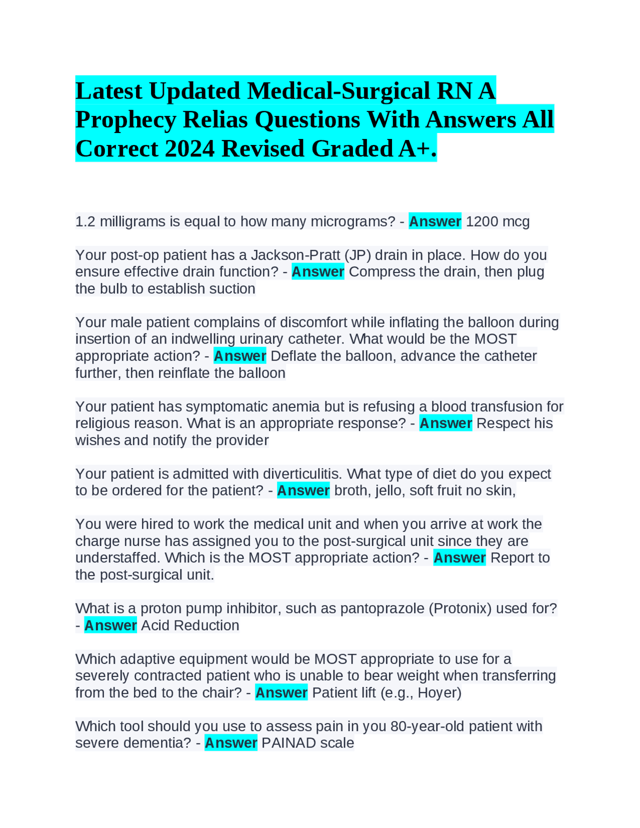 Latest Updated MedicalSurgical RN A Prophecy Relias Questions With