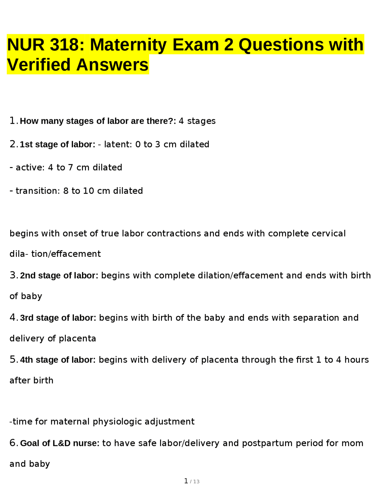 Maternity Nursing Exam 2 Questions and Answers | Exams Obstetrics | Docsity