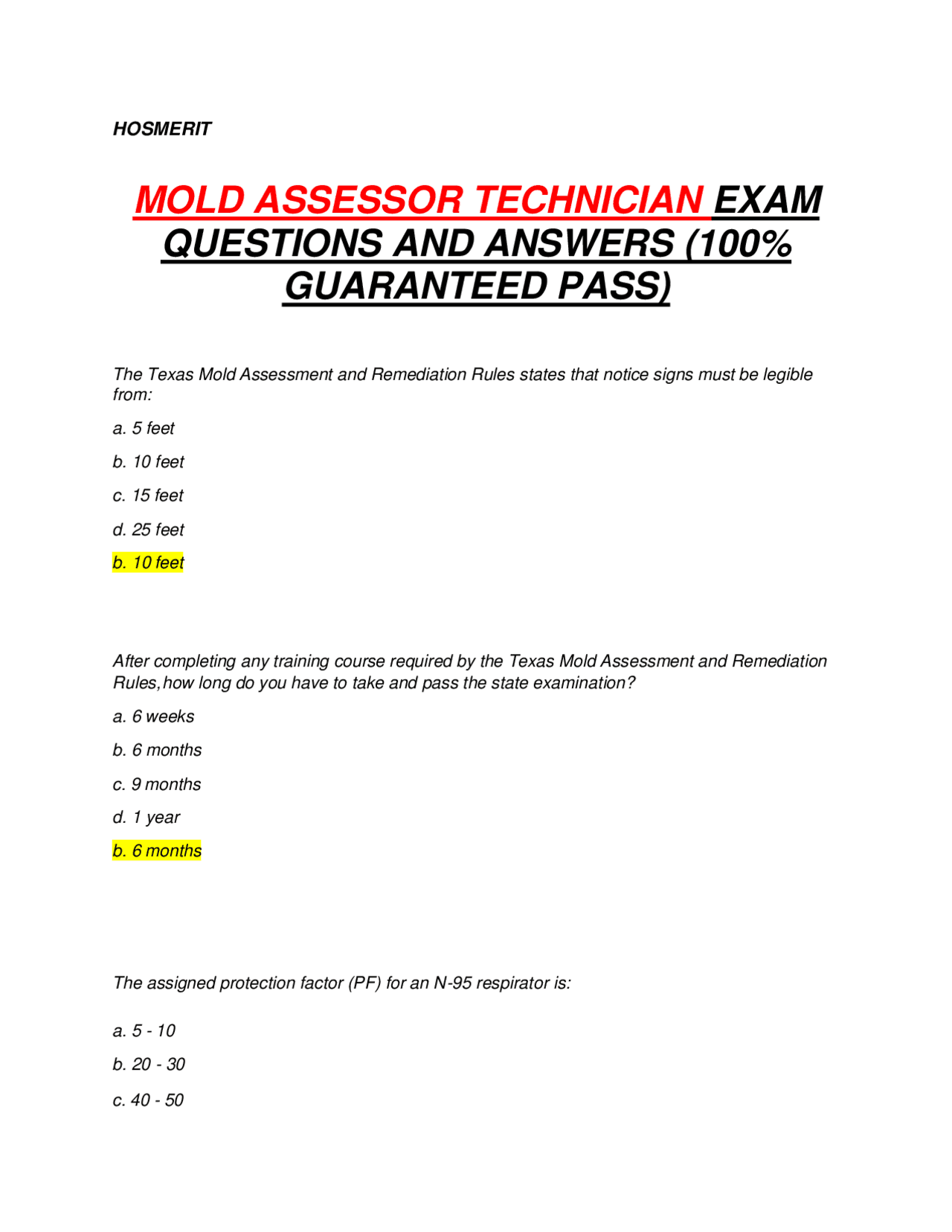 MOLD ASSESSOR TECHNICIAN EXAM QUESTIONS AND ANSWERS (100 GUARANTEED