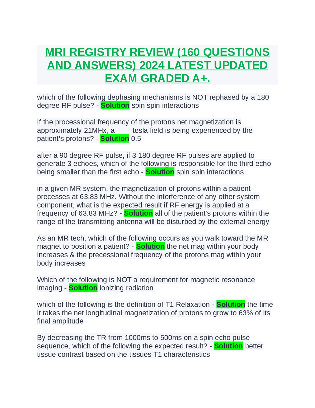 MRI REGISTRY REVIEW (160 QUESTIONS AND ANSWERS) 2024 LATEST UPDATED ...