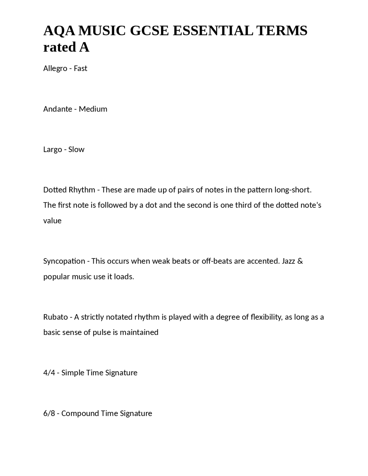 AQA Music GCSE Essential Terms | Exams Nursing | Docsity
