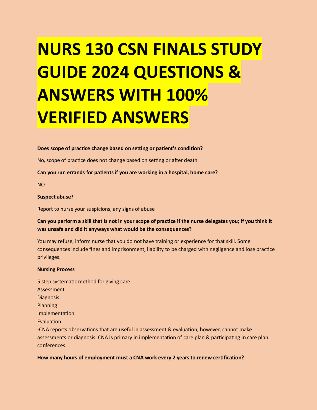 NURS 130 CSN FINALS STUDY GUIDE 2024 QUESTIONS & ANSWERS WITH 100% ...