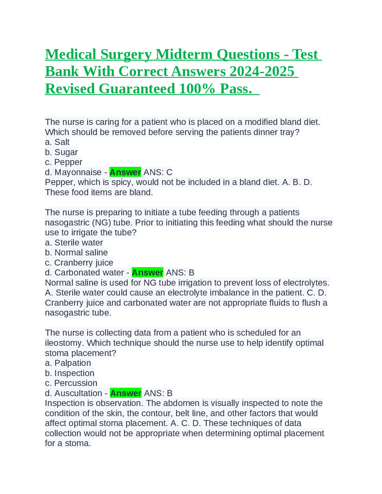 Medical Surgery Midterm Questions - Test Bank With Correct Answers 2024 ...