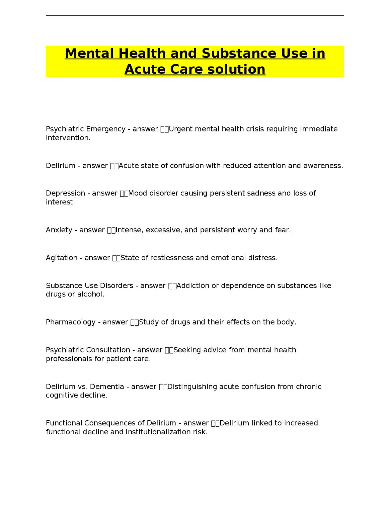 Mental Health and Substance Use in Acute Care | Exams Nursing | Docsity