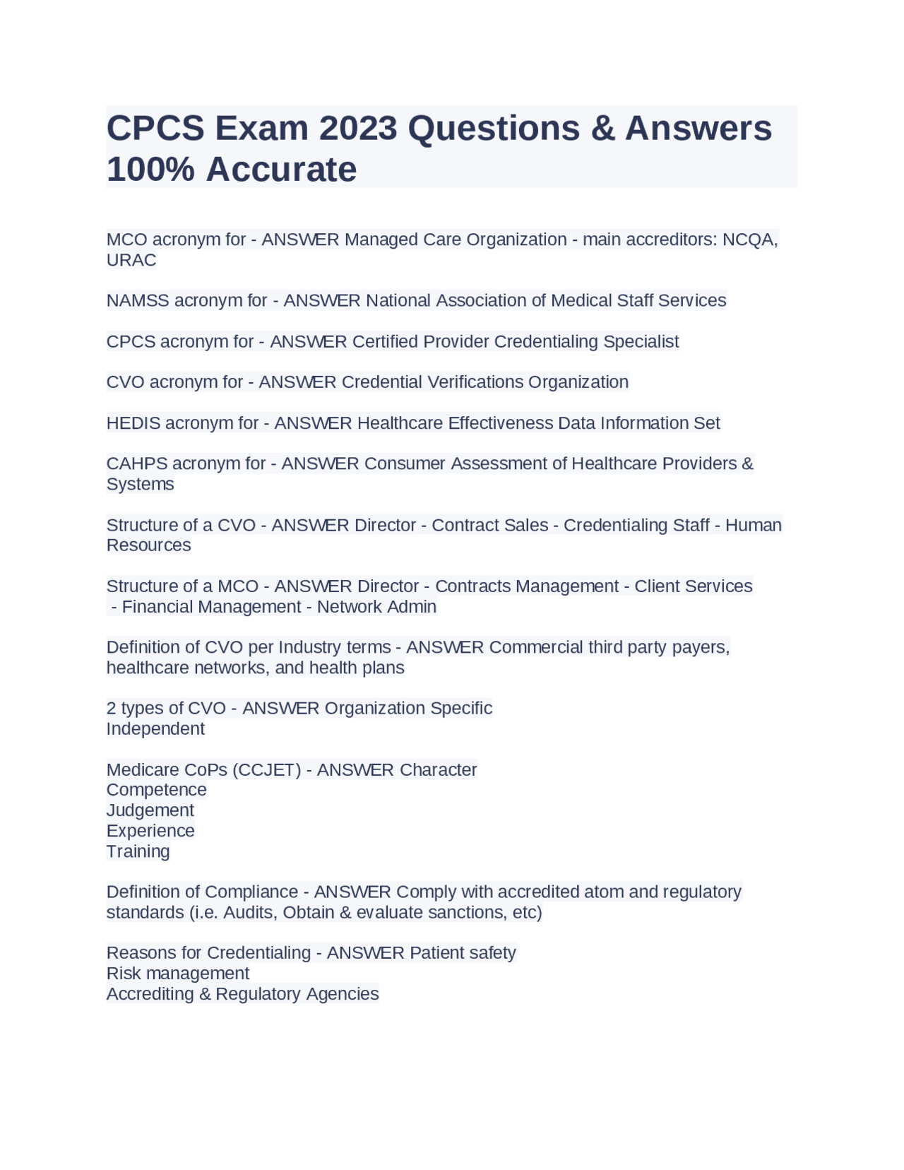 CPCS Exam 2023 Questions & Answers 100% Accurate | Exams Health ...