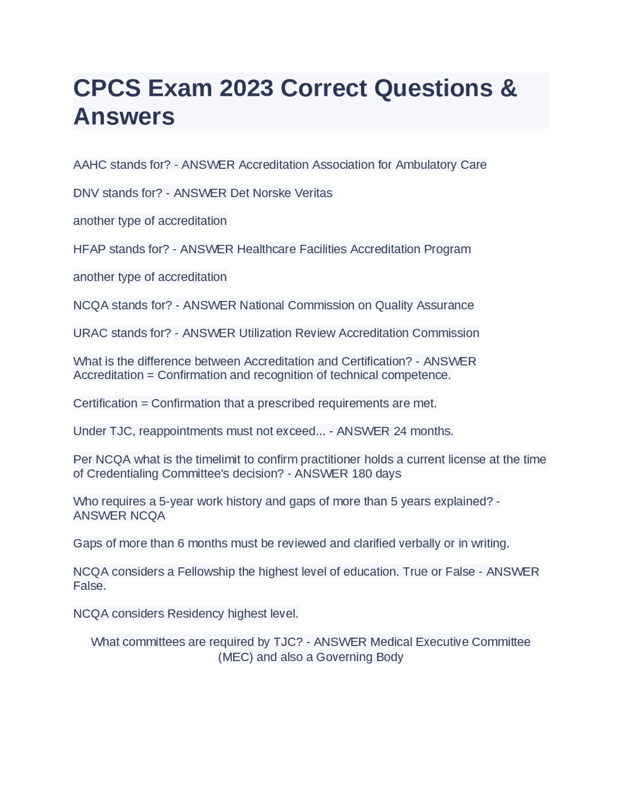 CPCS Exam 2023 Correct Questions & Answers | Exams Health sciences ...