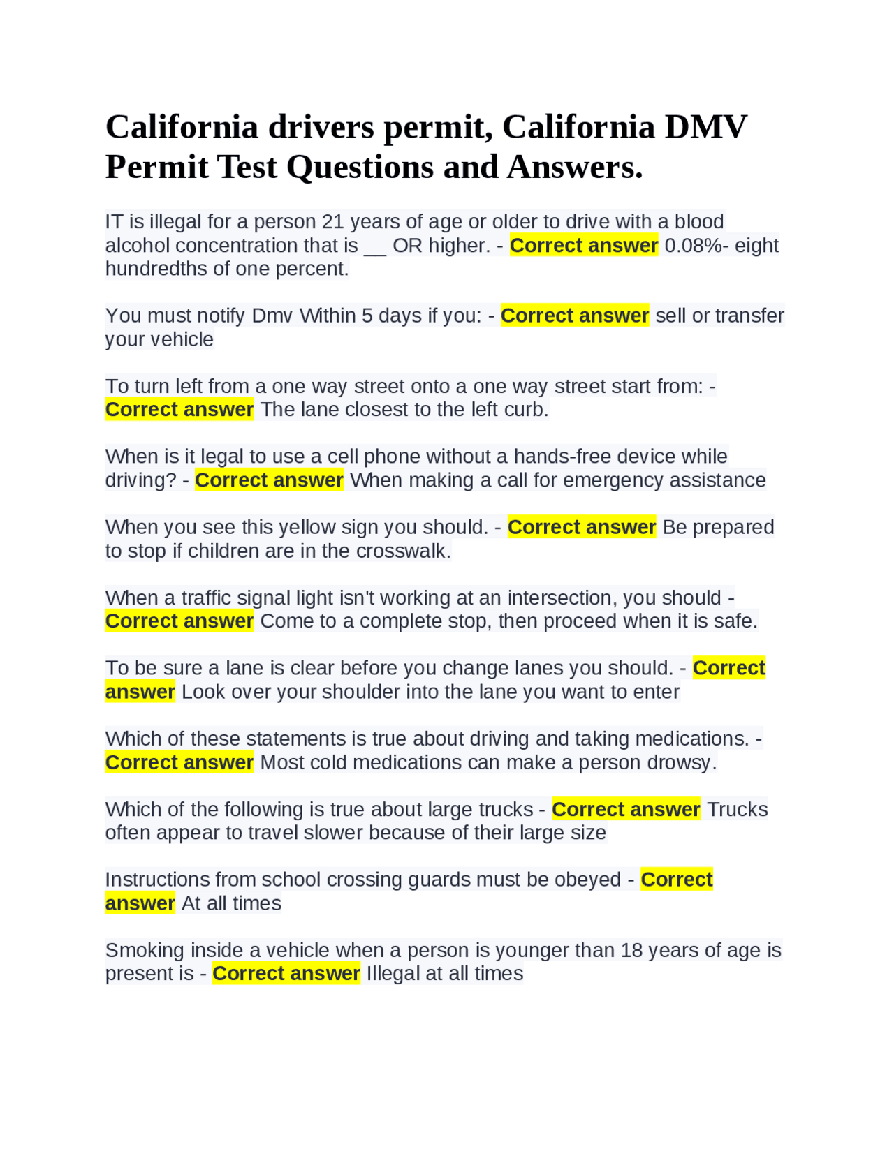 California drivers permit, California DMV Permit Test Questions and ...