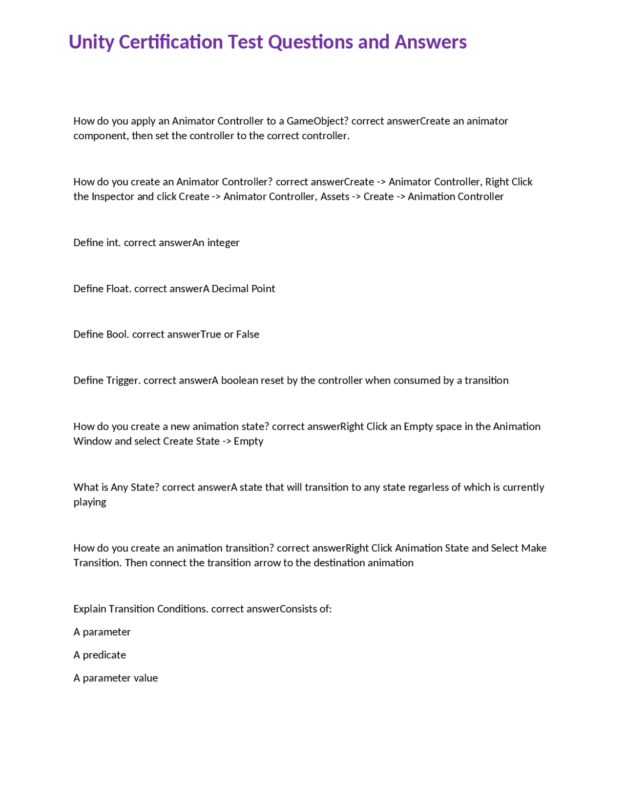 Unity Certification Test Questions and Answers | Exams Business ...