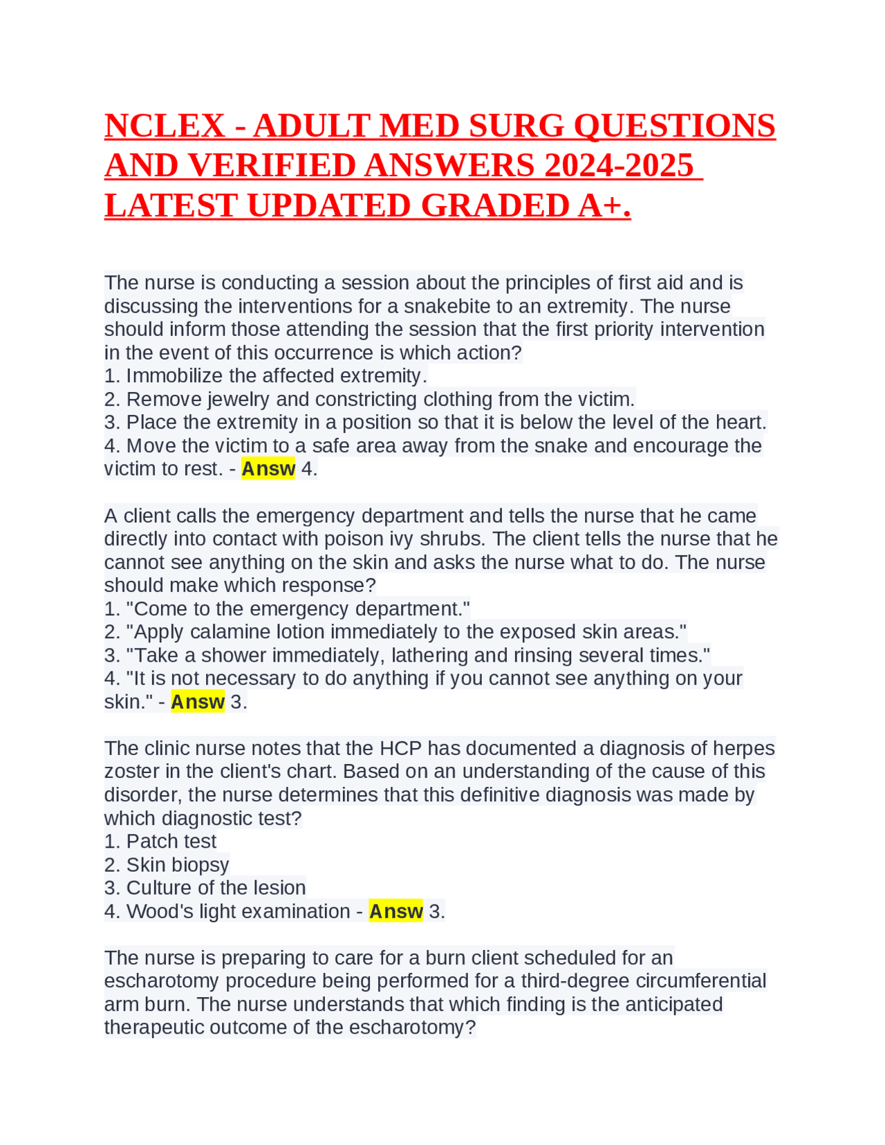 NCLEX - ADULT MED SURG QUESTIONS AND VERIFIED ANSWERS 2024-2025 LATEST ...