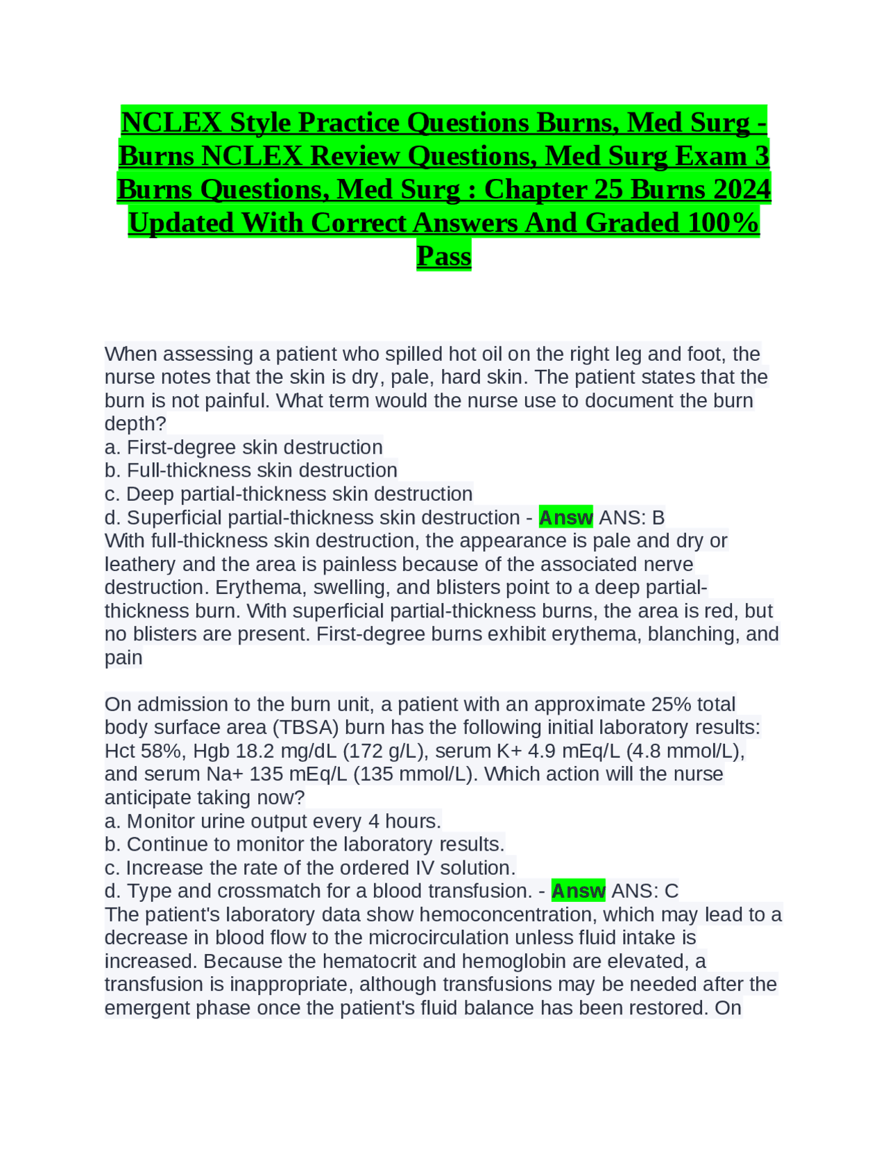 NCLEX Style Practice Questions Burns, Med Surg Burns NCLEX Review