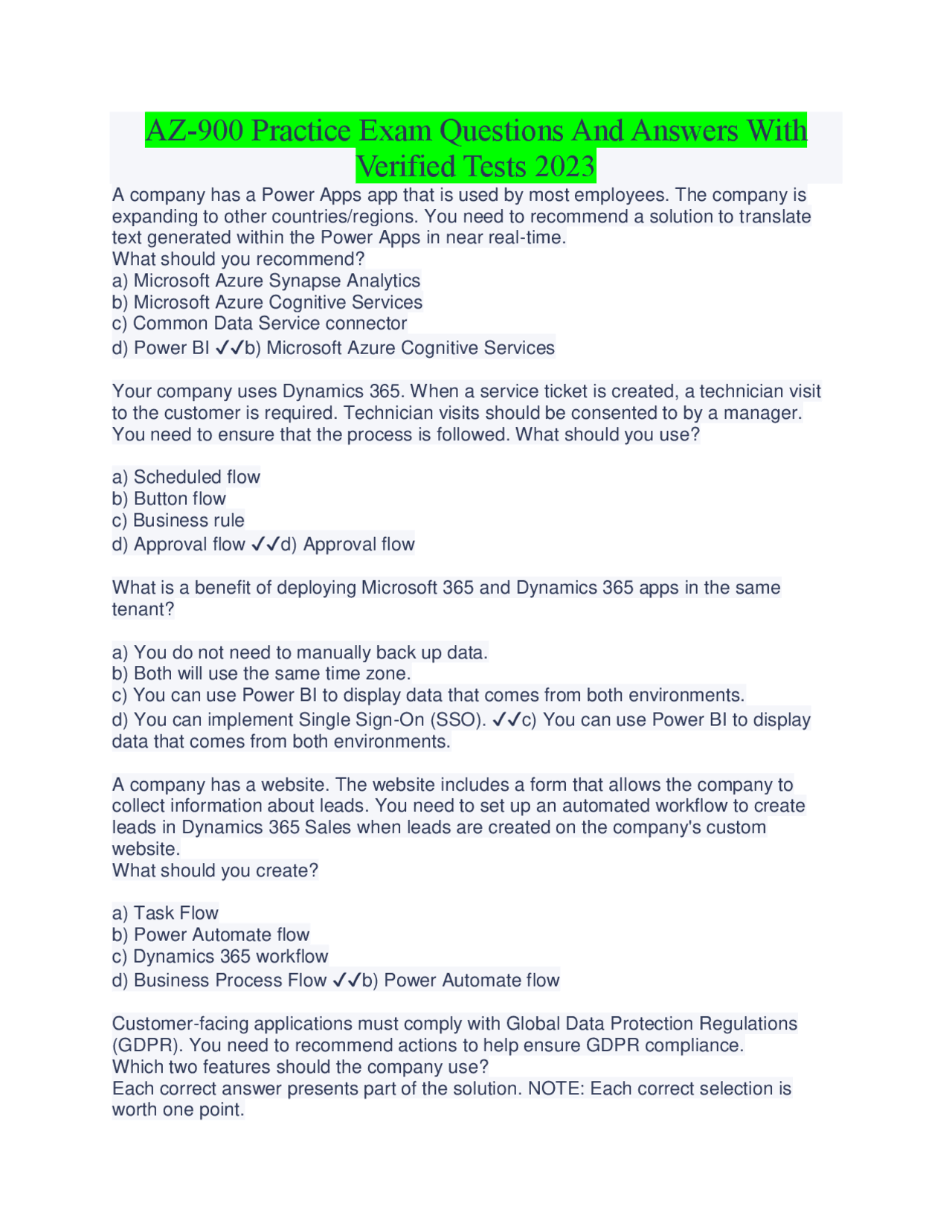 AZ-900 Practice Exam Questions And Answers With Verified Tests | Exams Computer Science | Docsity