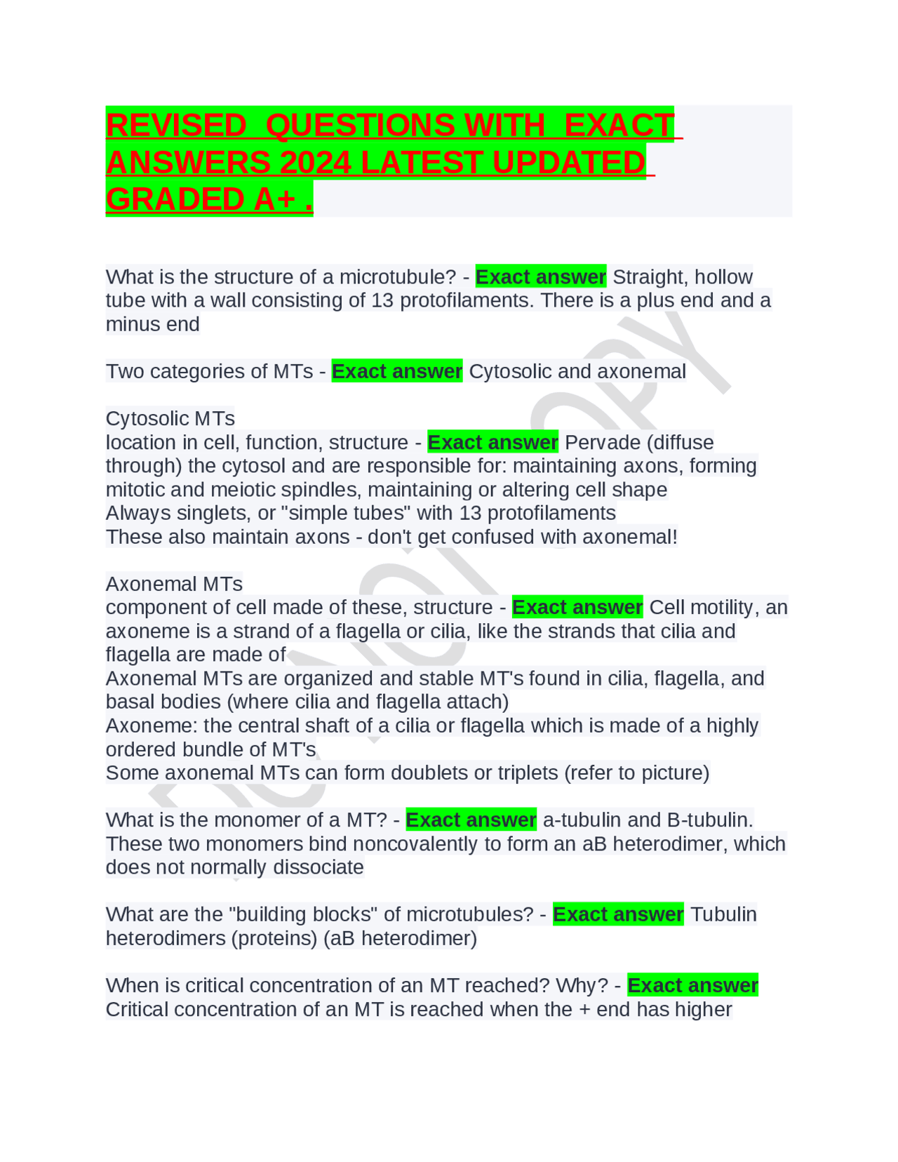 REVISED QUESTIONS WITH EXACT ANSWERS 2024 LATEST UPDATED GRADED A+ ...