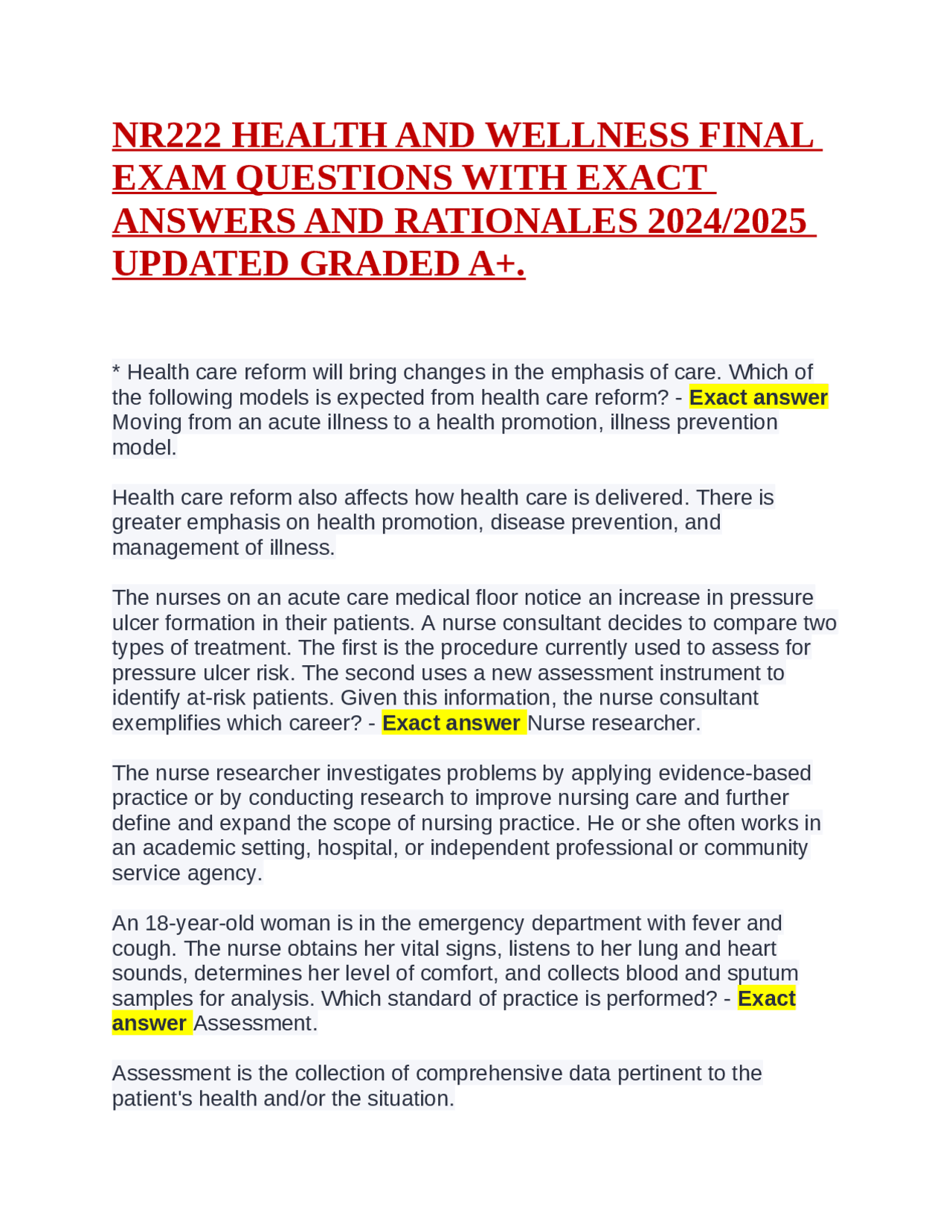 NR222 HEALTH AND WELLNESS FINAL EXAM QUESTIONS WITH EXACT ANSWERS AND ...