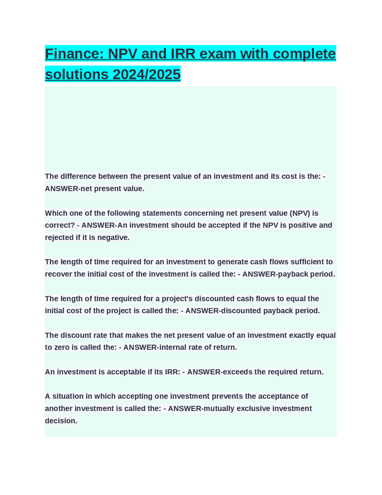 Finance: NPV and IRR Exam with Complete Solutions | Exams Finance | Docsity